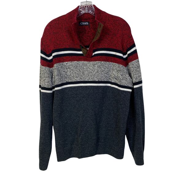 Men's Sz L CHAPS Henley Sweater 3-Button Stripes 100% Cotton Heathered Pullover - Picture 1 of 11